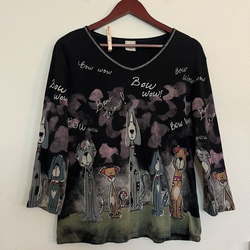 Jess & Jane Dogs Bow Wow Artsy Art 3/4 Sleeve V Neck Top Blouse SZ M